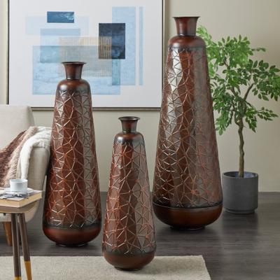 ARCILLA ELEMENTAL Dark Brown Metal Tall Vase with Geometric Designs (Set of 3)