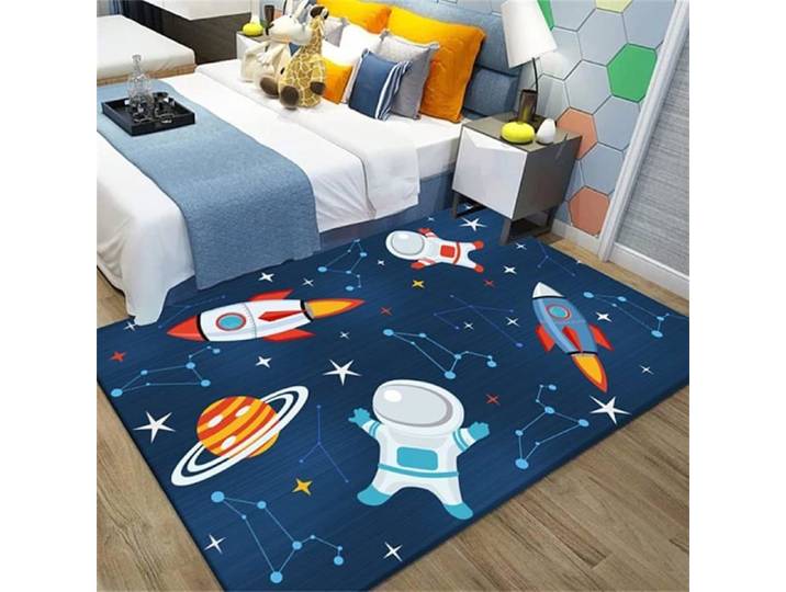 Tapis pour Enfants Univers de Bande Dessinée Planète Astronaute Tapis de Salon Antidérapant Bleu Noir de Lavable (120x160cm)