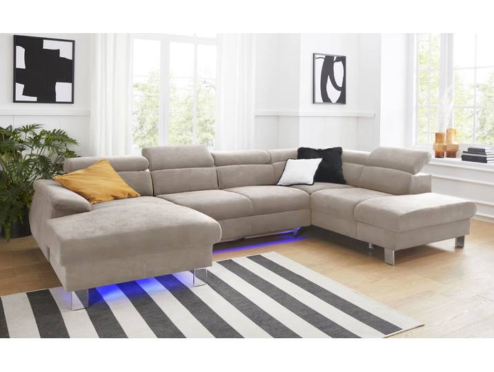 Wohnlandschaft, Microfaser PRIMABELLE, Beige, 320×207 cm, Ottomane Rechts, Mit Kopfteilverstellung, Cotta