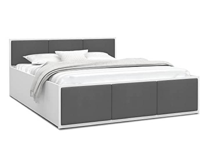 FurnitureByJDM Bett 120x200 mit Stauraum & Gepolsterte Einsätze – Doppelbett mit Bettkasten und aufklappbarem Lattenrost – Stauraumbett mit Liftfunktion - Panama (Weiß/Graphit Einsätze)