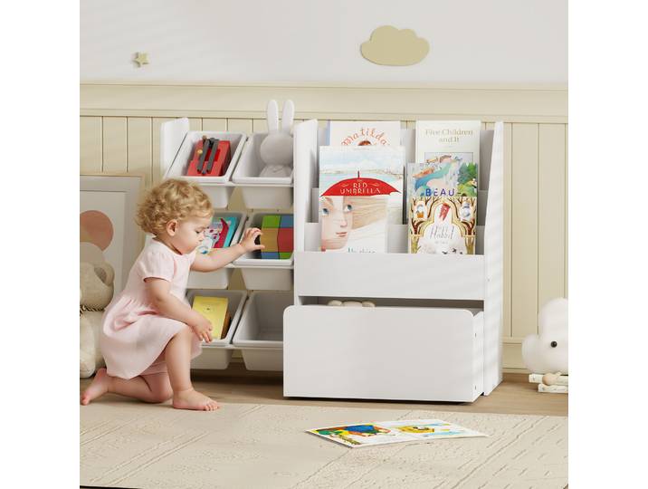 AIYAPLAY Meuble Rangement Enfant 6 Bacs et Coffre à Roulettes Blanc