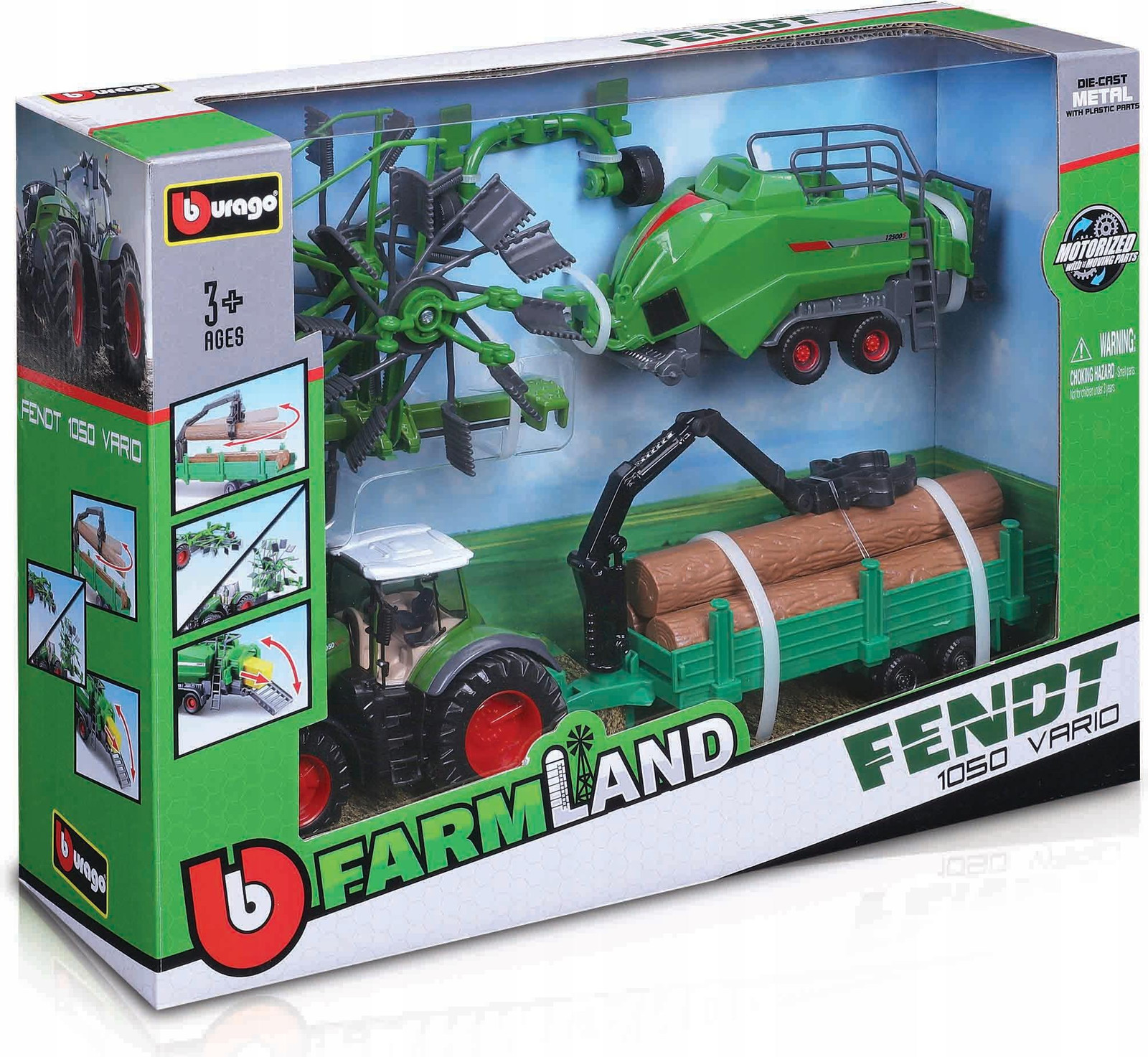 Bburago Fendt 1050 Vario boerderijtractor met 3 aanhangwagens cadeauset, 10 cm