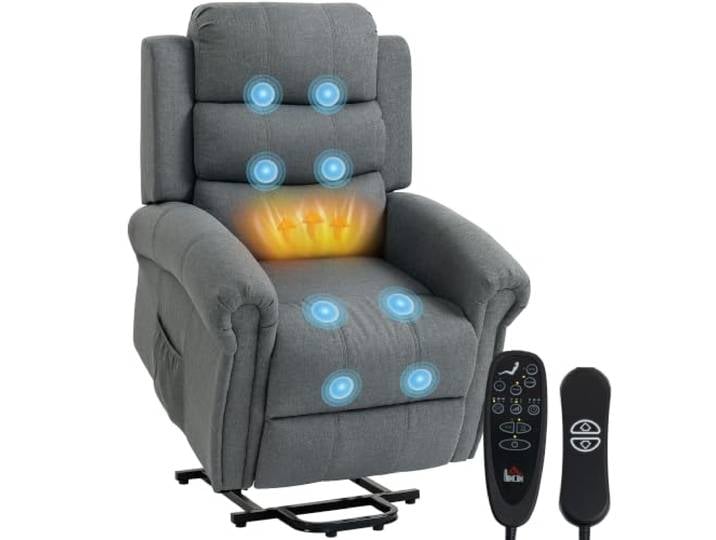HOMCOM Fernsehsessel Elektrisch Relaxsessel mit Aufstehhilfe Grau Vibrationsmassage, Liegefunktion, Massagesessel, Fernbedienung, USB Anschluss, Seitentasche, Leinenoptik, für Wohnzimmer