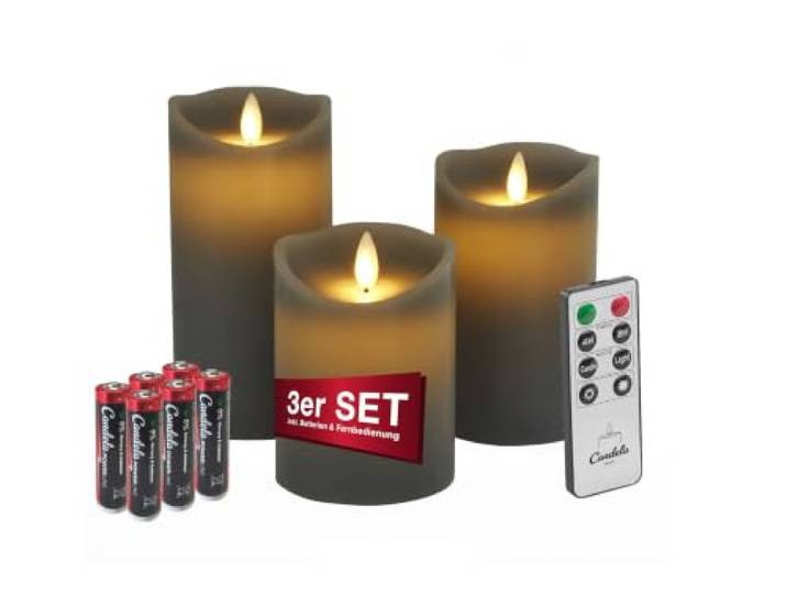 LC Home Candela Lights LED Kerzen Set Grau Stumpenkerze Echtwachs mit Fernbedienung Timer Funktion & mehrstufig dimmbar bewegliche Flamme Echtwachskerzen (Grau, 3er Set)