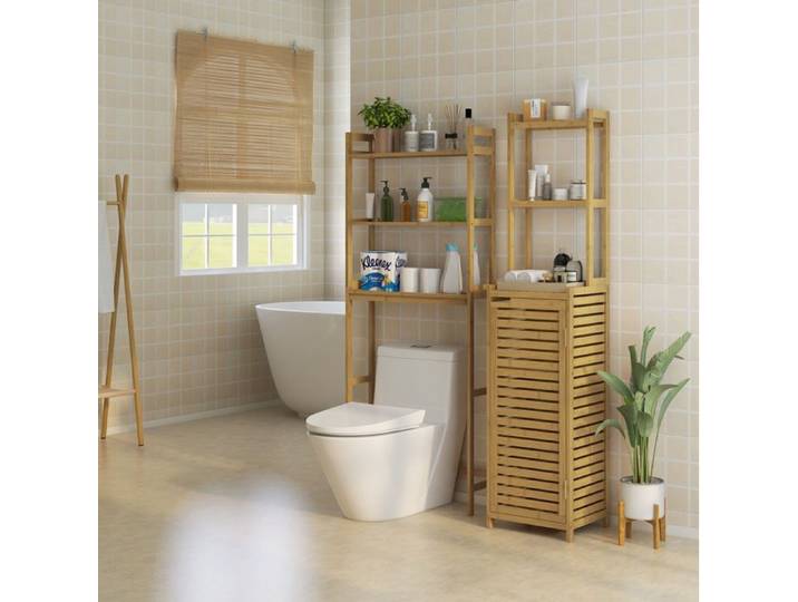 Étagère WC 3 niveaux en bambou naturel 68 x 20 x 165 cm avec fixation anti-basculement