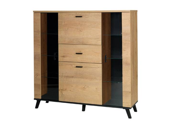 ROYAL24_MARKT Vitrine John Vitrine 131 cm mit 2 Glastüren, Tür, Klappe und Schublade