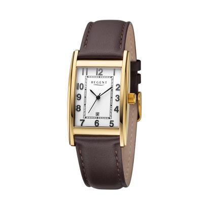 Quarzuhr REGENT, braun, weiß, Armbanduhren, Herren, goldfarben, Quarzuhr, Armbanduhr, Herrenuhr, Lederarmband, analog, Tag