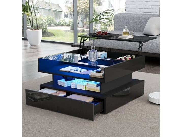 Merax Couchtisch Höhenverstellbar, Wohnzimmertisch mit Schublade & verstecktem Fach, Multifunktions-Sofatisch mit LED Beleuchtung & Glastischplatte, Quadratisch Beistelltisch, Hochglanz Schwarz