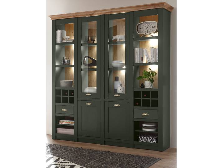 Buffetschrank \ Norwich\ grün Eiche Landhaus Vitrinenschrank mit Weinregal 194 x 207 cm