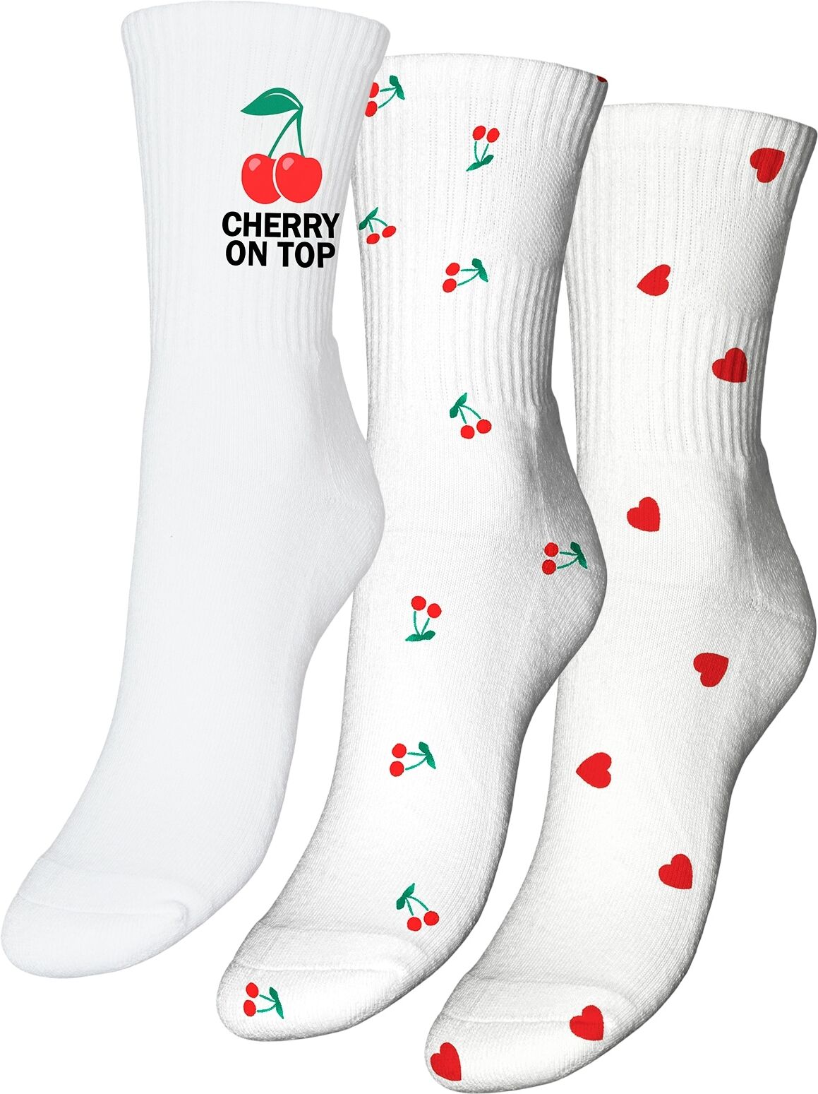 Freizeitsocken VERO MODA "VMMEL DETAIL SOCKS 3-PAC", Damen, weiss (snow weiß pack:cherry on top, aop cherry, aop hearts), Baumwollmischung, bedruckt, normal, Socken Freizeitsocken, Baumwollmischung snow weiß pack:cherry on top, aop cherry, aop hearts Einh