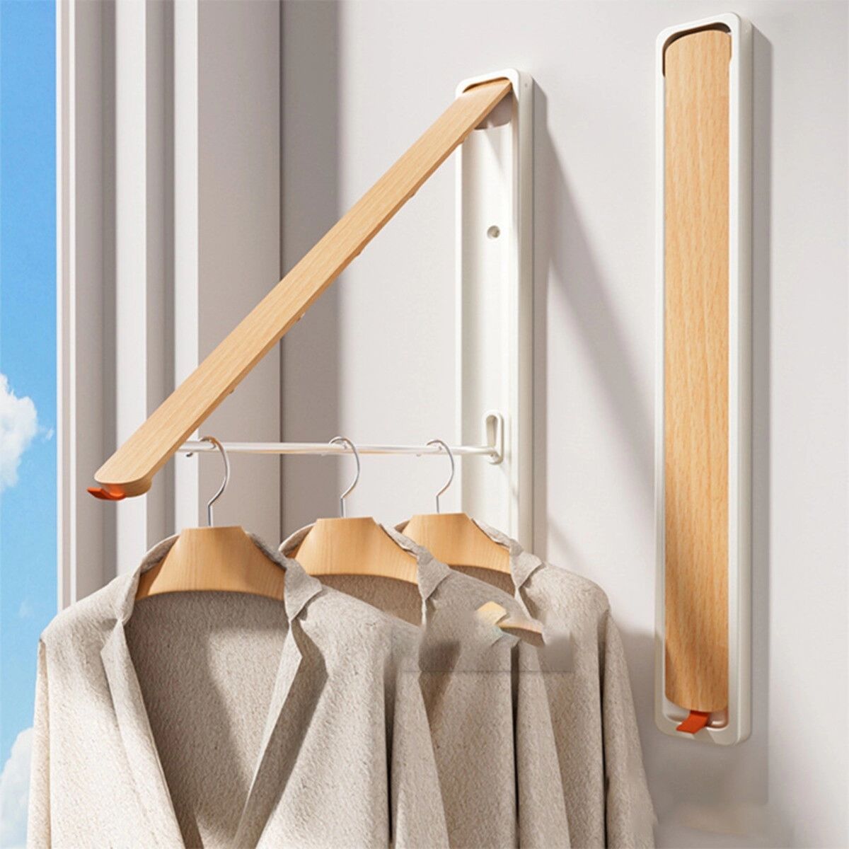 INF Klappbare Wand-Kleiderstange 2er-Set mit 40cm Stange, Nussbaumholz & Aluminiumlegierung, ohne Bohren oder gebohrte Montage