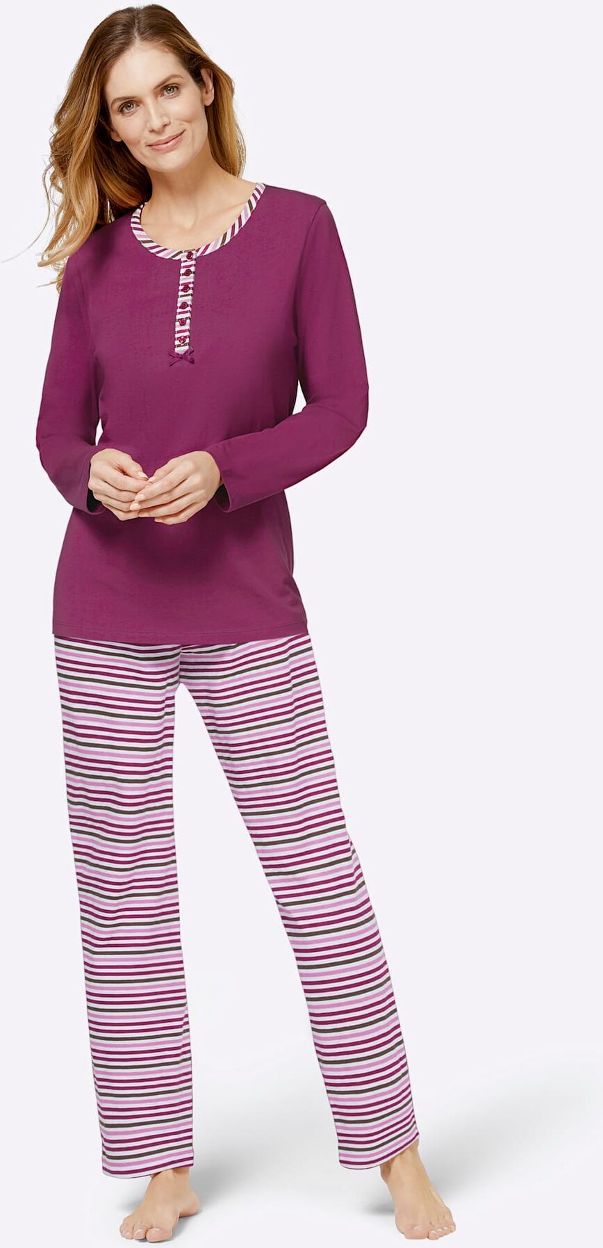 Schlafanzug WÄSCHEPUR, Damen, Gr. 44/46, lila (malve, malve, geringelt), 100% Baumwolle, Homewear-Sets Schlafanzug malve, malve, geringelt 44/46
