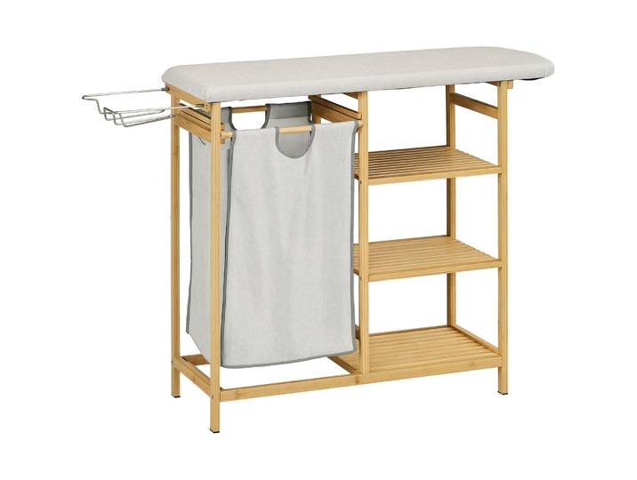 Panier à linge sale Homcom 57,4 L en bambou avec planche à repasser et 3 étagères, naturel