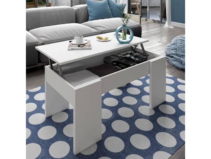 Dmora - Couchtisch Oceanside, Couchtisch mit hochklappbarer Platte, niedriger Wohnzimmertisch, 100 x 50 x 45/56 cm, glänzend weiß