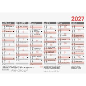 Brunnen Tafelkalender 1070160007, rot, aus 250 g/m² Karton, 6 Monate = 1 Seite, A6, Jahr 2027