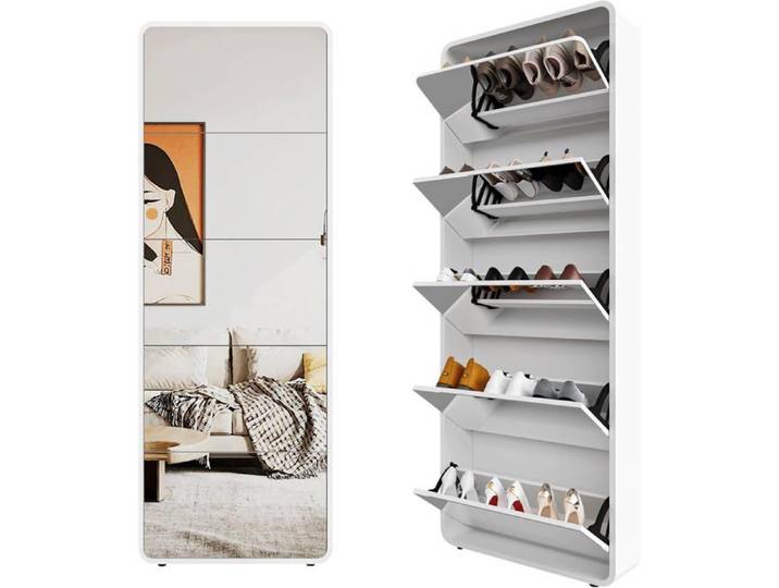 Armoire à chaussures avec miroir à 5 portes à charnières-meuble à chaussures autonome-placard étroit pour organiser les chaussures