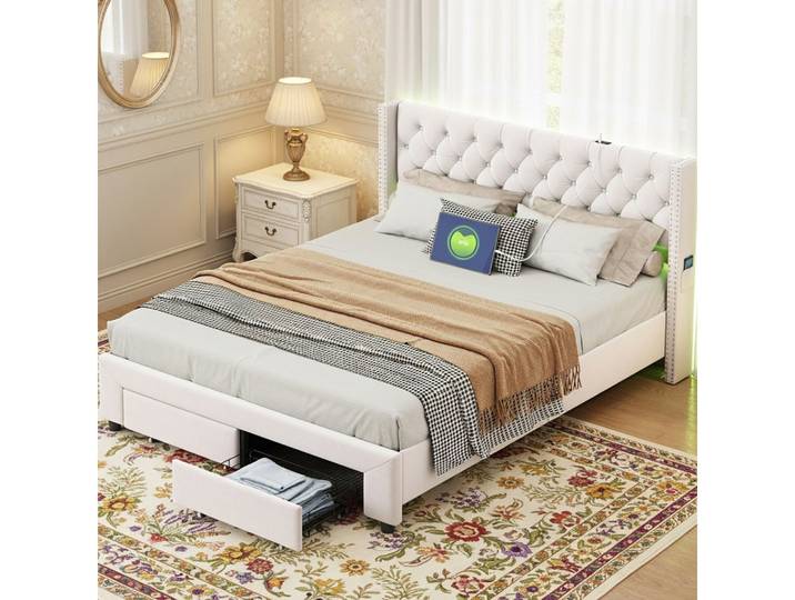 ADWOLT Polsterbett Doppelbett Stauraumbett mit Schubladen, Samtmaterial (Jugendbett), 180x200 cm,LED-Beleuchtung,LED-Licht und USB+Typ C,Gepolstert,Beige