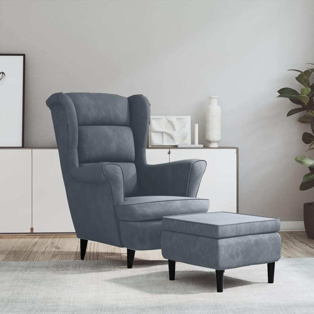 De Living Store fauteuil met hocker, donkergrijs, fluweel