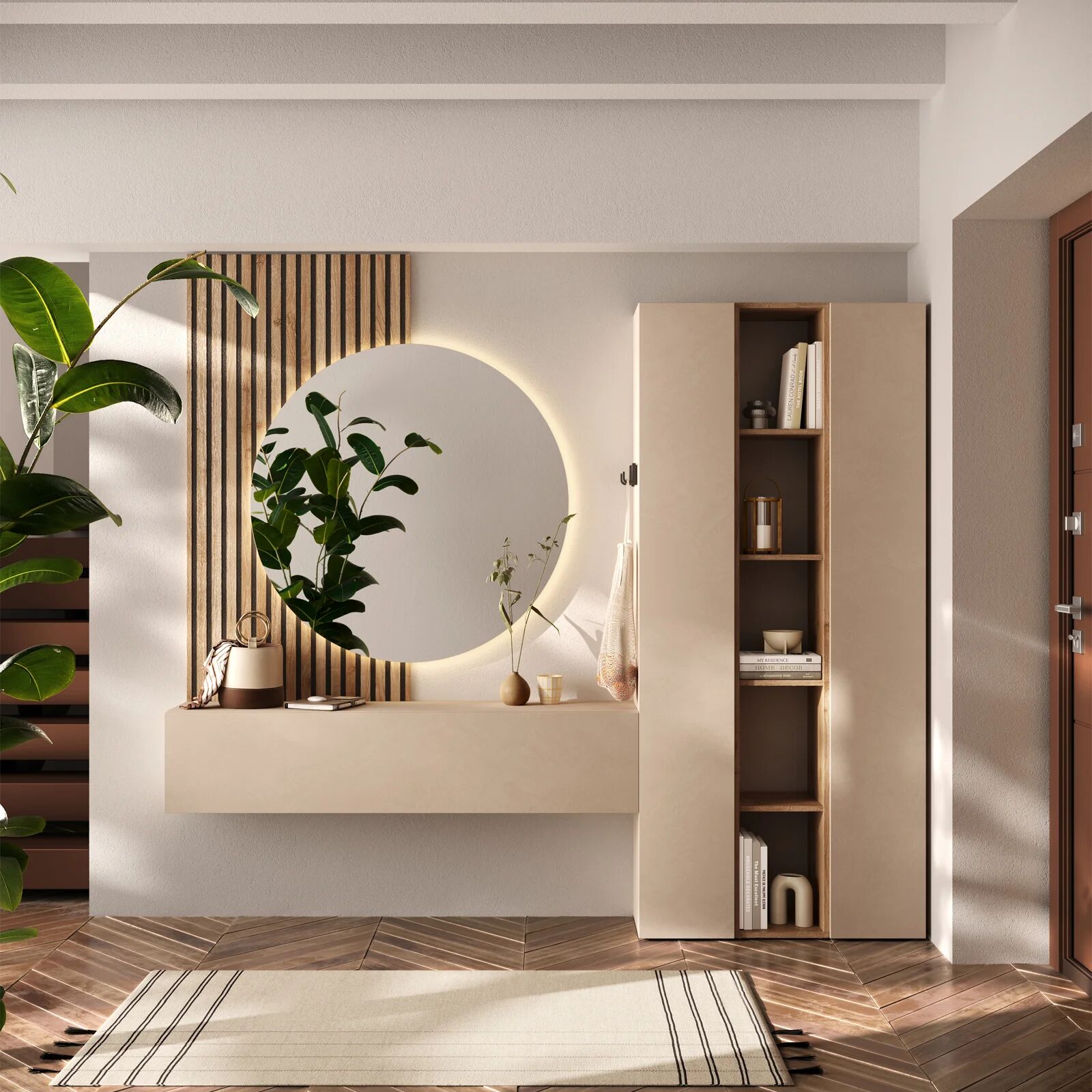 garneroarredamenti Mobile ingresso 222x240h cm pannello cannettato beige cashmere rovere chiaro Sunset Decor 1017