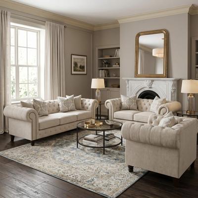 Furniture of America Ravti Traditional Beige Solid Wood 3-Piece Chesterfield Rolled Arm Sofa Set