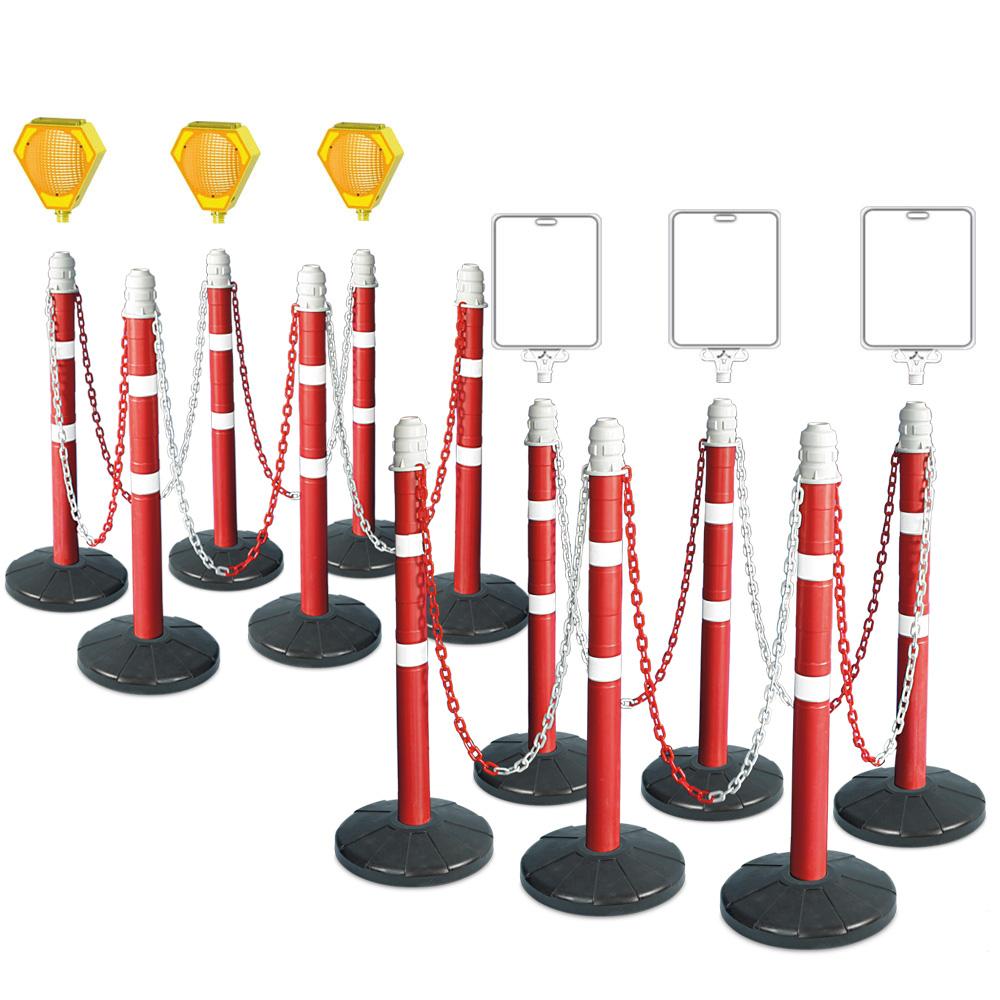 Kettenpfosten-Set, 12 Kettenständer, 22 m Kette, 3x Solar-Blinklampe, 3x neutrale Infotafel für Kettenständer-Set