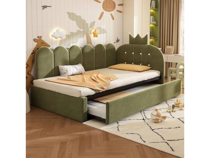 Bellemave Schlafsofa 90x200 Mit Ausziehbett, Samt-Polsterbett in Grüne Polsterbett mit Krone-Gitter-Design, L-Form, platzsparend, für Kinder- und Gästezimmer, praktisches Gästebett, ohne Matratze