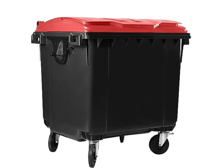 Hardwex Müllcontainer mit 4 Rädern mit Flachdeckel, Müllgroßbehälter, Abfalltonne, Mülltonne, Volumen: 1 100 Liter, Farbe: Grau/Rot, Größe: 1 344 x 1 370 x 1 070 mm