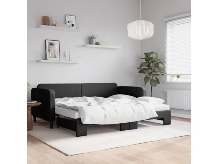 RJPLMFV Tagesbett mit Ausziehbett, Schwarz, 90 x 200 cm Schlafsofa, 2-in-1, 2 Matratzen aus Schaumstoff, Holz und Metall, Empfang