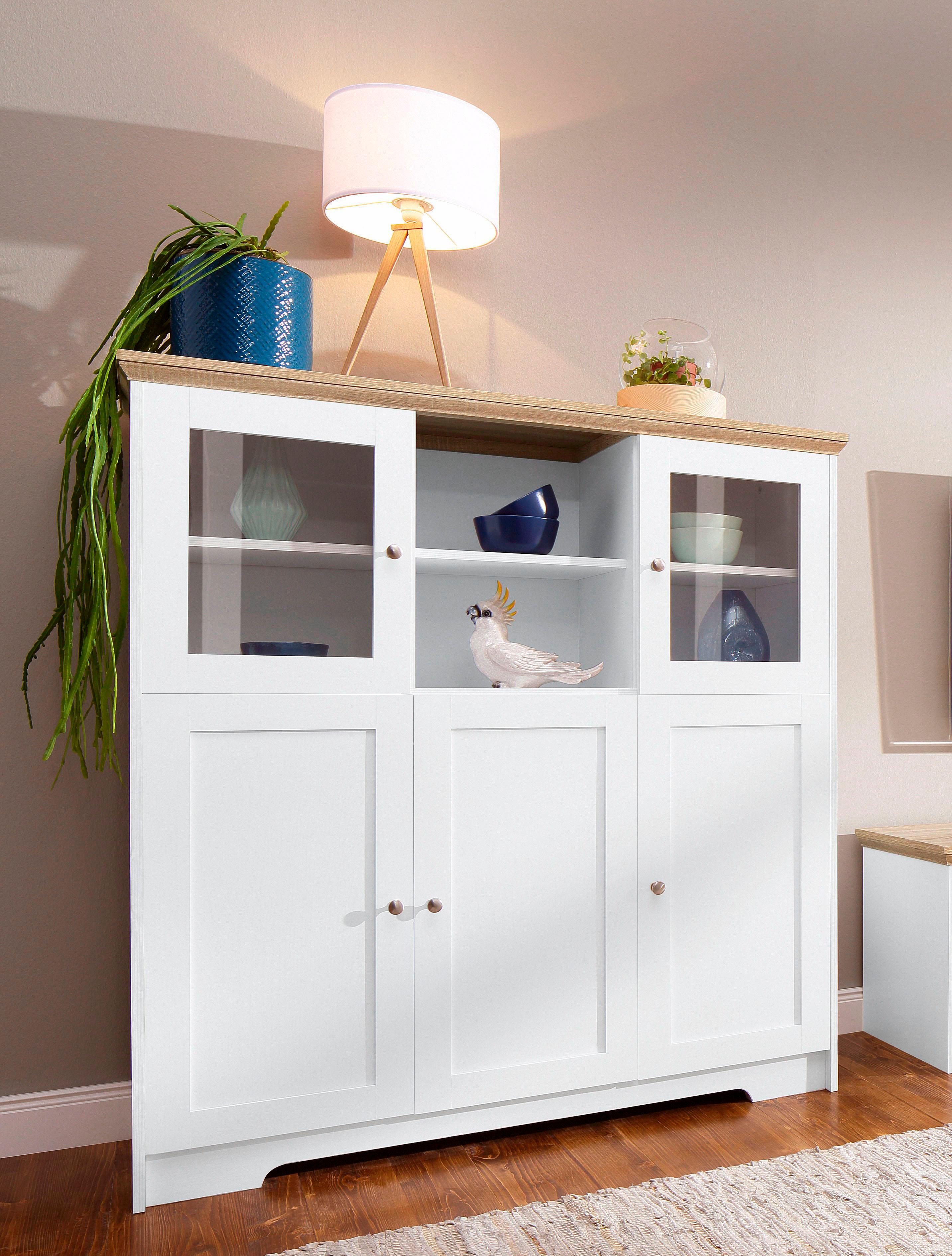 Highboard GOODPRODUCT "Nanna", weiss (weiß, sonomaeiche), B:118cm H:125cm T:39cm, Sideboards, Highboard, Vitrine in Eichen-Optik, Breite 118 cm weiß, sonomaeiche B/H/T: 118cm x 125cm x 39cm, 3 Stk.