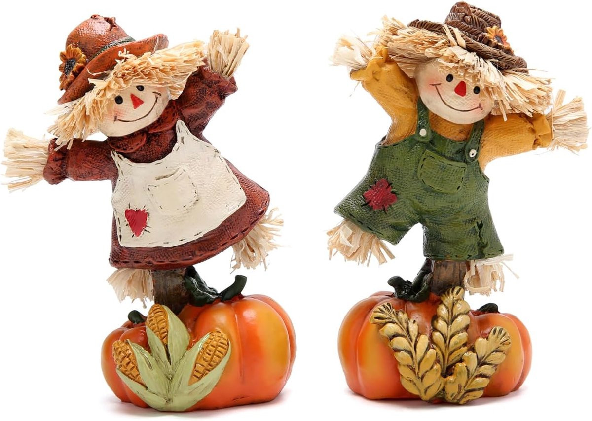 Meerkleurige handgemaakte pompoen vogelverschrikker beeldjes voor herfst en Thanksgiving tafeldecoratie