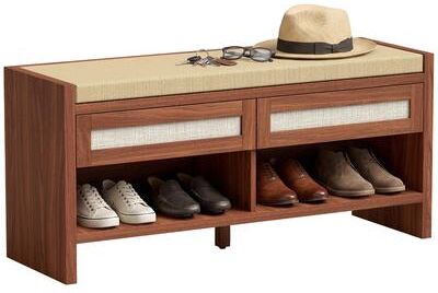 Kodotan sofa Shoe Bench with 2 Rattan Drawers, Boho Shoe Storage Bench with Linen-Look Cushioned Seat and Open Shelf, for Entryway