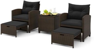 Costway 5 Pieces Patio Rattan Furniture with 2 Ottomans and Tempered Glass Coffee Table-Black