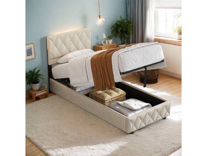 Lit simple rembourré en velours beige 90 × 200 cm au design intemporel