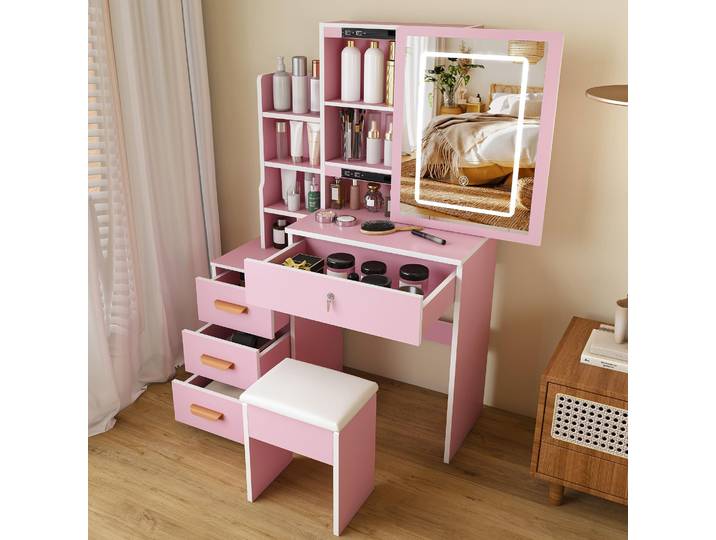 STILVORA Schminktisch mit Spiegel und 3-farbig verstellbarer Beleuchtung, Schminktisch-Set mit Hocker und beleuchtetem Spiegel, Frisiertisch mit 4 Schubladen Rosa