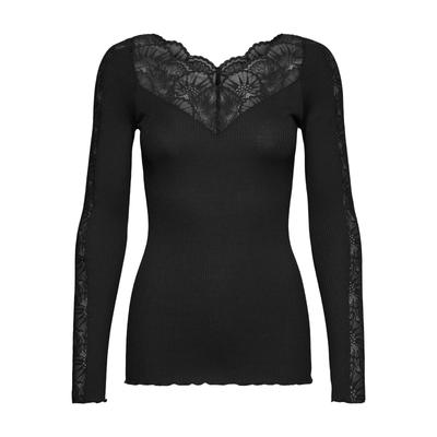 Spitzenshirt ROSEMUNDE "Beatha lace longsleeve mit Seide", Damen, Gr. S, schwarz, Rippstrick, Obermaterial: 55% Seide, 45% Baumwolle, figurbetont hüftlang, V-Ausschnitt, Shirts, elastisch weiche Vintage-Spitze am Ausschnitt und entlang der Ärmel