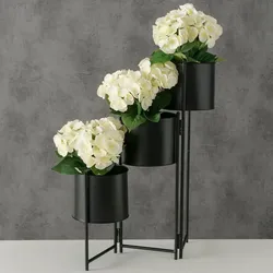 Pflanzenständer Blumentopfhalter 3 Behälter Wohnraumdeko Accessoire, Pflanzenbehälter modern, Eisen schwarz, rund, LxBxH 51x18x64 cm