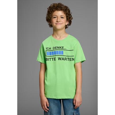 T-Shirt KIDSWORLD "ICH DENKE...BITTE WARTEN", Jungen, Gr. 128/134, grün (neongrün), Jersey, Obermaterial: 100% Baumwolle, bedruckt, Basic, Basic, Rundhals, Shirts T-Shirt, Kurzarm, Basic Passform, mit trendigem Aufdruck