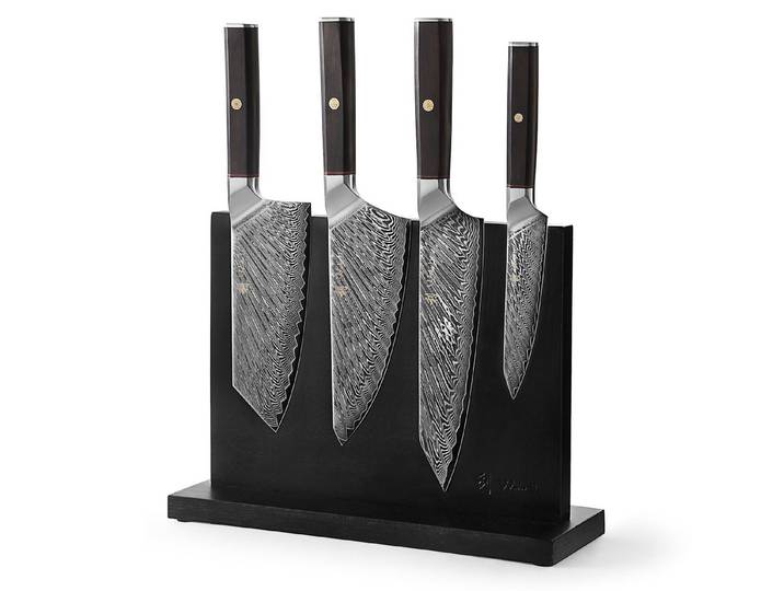Wakoli Messer-Set Culinary Asia I 4 Küchenmesser & magnetischer Messerblock (Damastmesser-Set mit Messerblock, 5-tlg., Chef-, Chai Dao, Gyuto, Allzweckmesser), 4 Damastmesser mit Messerblock