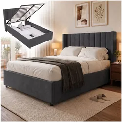 Juskys Polsterbett Savona 120x200 cm mit Stauraum, Lattenrost, Samt-Bezug, bis 250 kg - Dunkelgrau