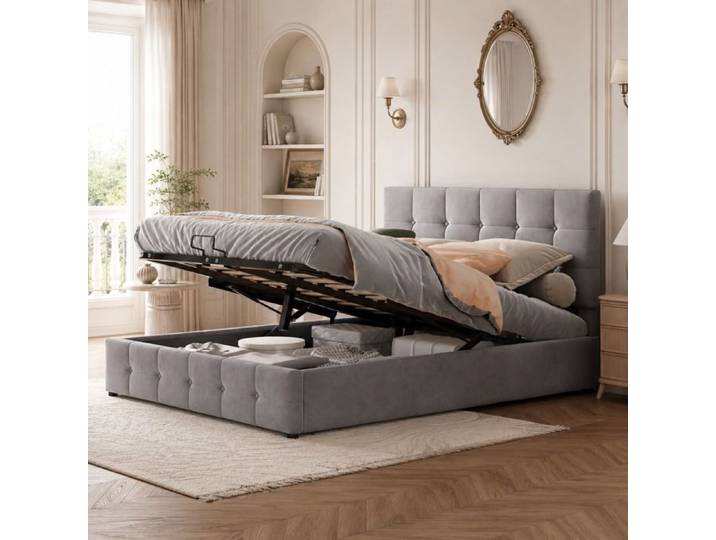 Lit rembourré 140x200 cm avec sommier à lattes Lit double avec tête de lit rembourré Lit adulte Gris