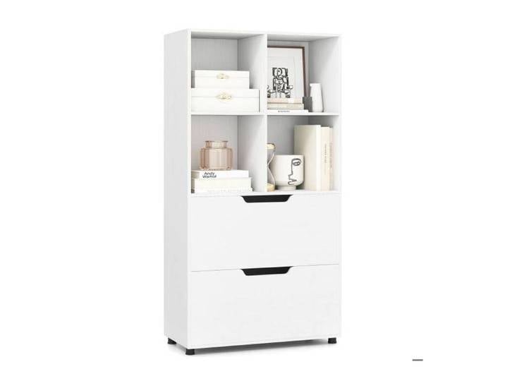 Stable et facile à placer bibliothèque sur pied 130 cm 5 niveaux 4 niches ouvertes et 2 tiroirs blanche