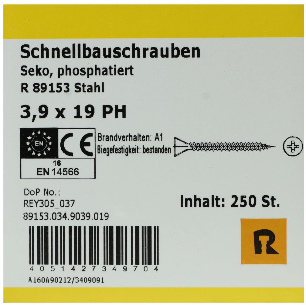 REYHER Schnellbauschrauben für Faserplatten auf Holz und Metall bis 0,6 mm, HiLo-Gewinde, PH2, 3,9 x 19 mm, 250 Stück