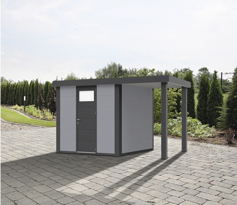 Gartenhaus Classico 2424 inkl. Regenrinne mit Seitendach rechts 426 x 259 cm lichtgrau