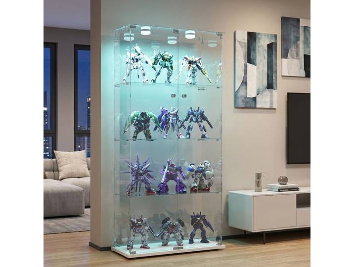 Vitrine en verre avec LED vitrine collection avec 4 etageres armoire vitrine avec serrure meuble vitrine trempé salon blanc