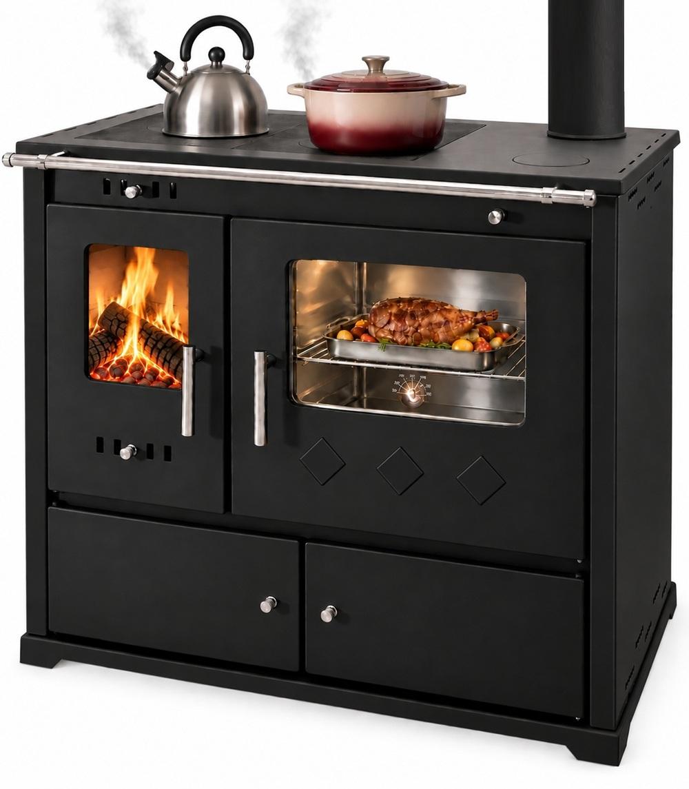 XL-Küchenofen PR LUX INOX schwarz, rechts mit Edelstahlbackfach