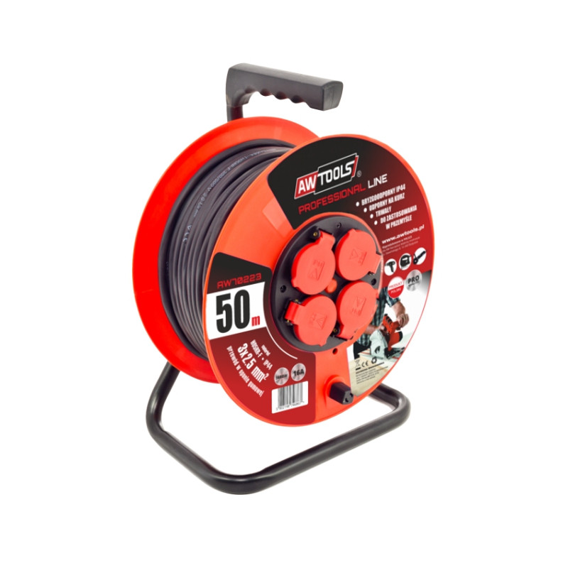 AWTools professionele kabelhaspel verlengsnoer, 50 meter, 3x2,5mm, 16A / 3680W / IP44