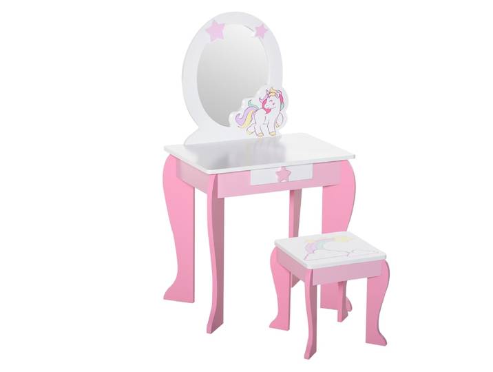 Coiffeuse enfant et tabouret design licorne tiroir miroir rose blanc