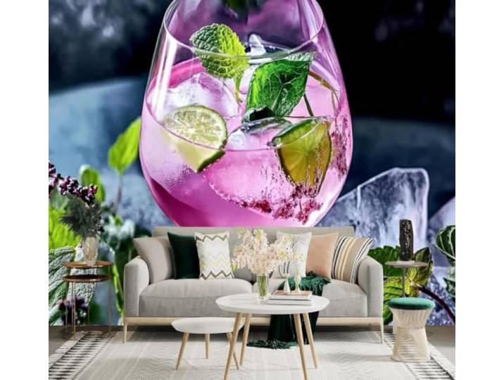 XLMING 3D Tapeten Rosa Weinglas Eiswürfel Minze Limette Luxuriöse Seide Deko Aufkleber Geeignet für Restaurants Sofas Wohnzimmer Schlafzimmer Sowie alle Wände Wandbilder-430cm×300cm