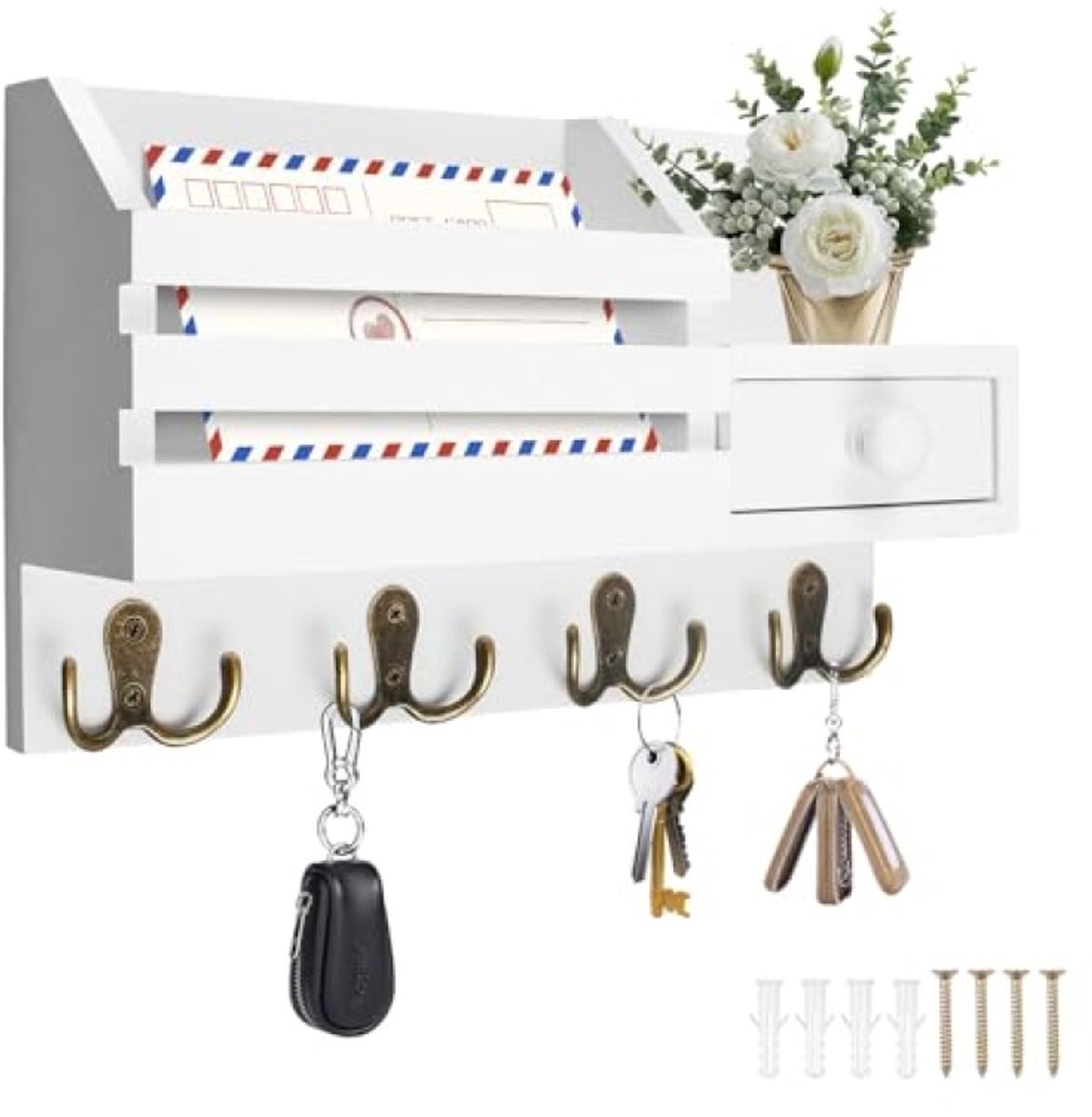 PromoHome Houten Wandrek met 4 Dubbele Haken en Lade voor Sleutels, Post en Accessoires - Wit