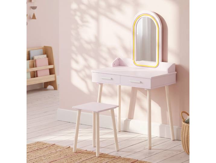 AIYAPLAY Coiffeuse Enfant Rose avec Tabouret, Miroir LED, 2 Tiroirs